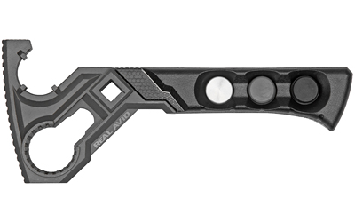 Black tactical tomahawk with textured handle and cutouts