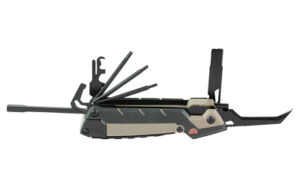Foldable multi-tool with extended attachments on white background