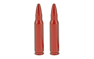 Two rifle cartridges standing upright on white background