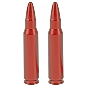 Two rifle cartridges standing upright on white background