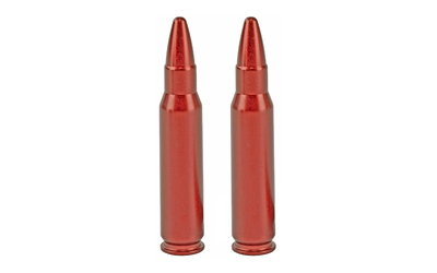 Two rifle cartridges standing upright on white background