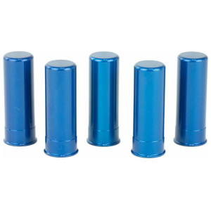 Five blue shotgun shell snap caps in a row.
