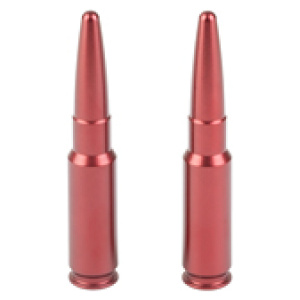 Two red rifle bullets standing upright.