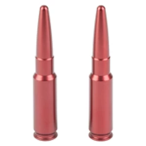 Two red rifle bullets standing upright.