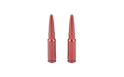 Two red rifle bullets standing upright.