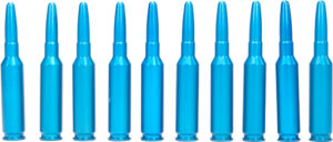Row of blue rifle cartridges on white background