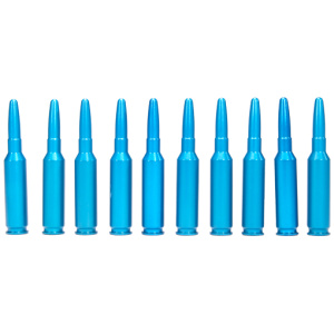 Row of blue rifle cartridges on white background