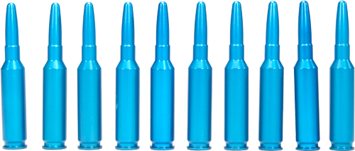 Row of blue rifle cartridges on white background