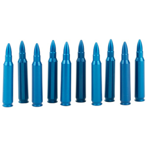 Row of blue training bullets on display
