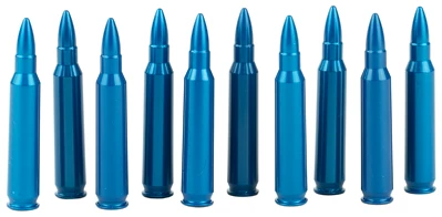 Row of blue training bullets on display