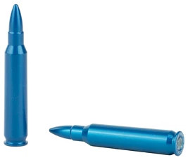 Two blue dummy rifle bullets on white background