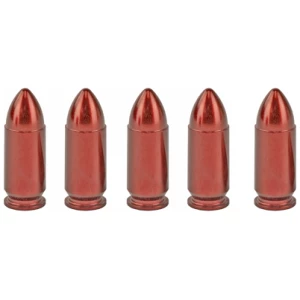 Five red dummy bullets in a row