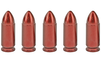 Five red dummy bullets in a row