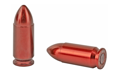 Two red dummy bullet cartridges on display.