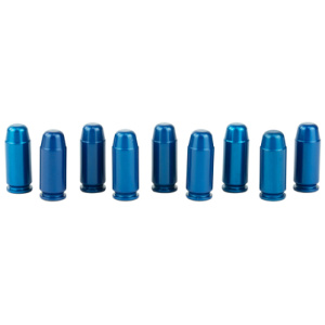 Blue training bullets lined up on white background.