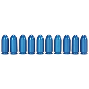 Ten blue bullet-shaped objects in a row