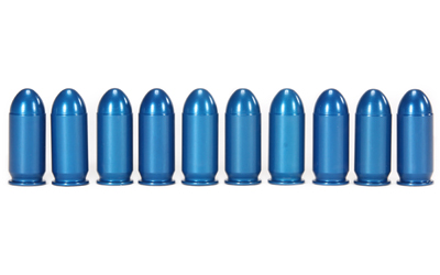 Ten blue bullet-shaped objects in a row