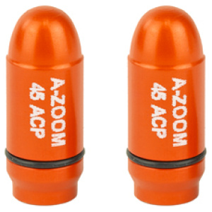 Two orange A-Zoom 45 ACP snap caps