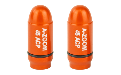 Two orange A-Zoom 45 ACP snap caps