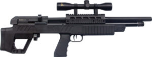 Black air rifle with scope and tactical design.
