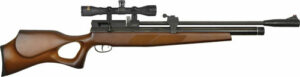 Air rifle with scope and wooden stock.