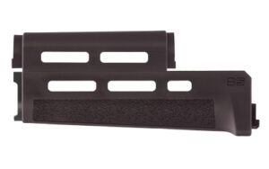 Black firearm handguard with vented slots and grip panel