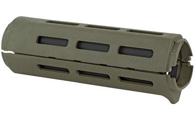 Green rifle handguard with slots.