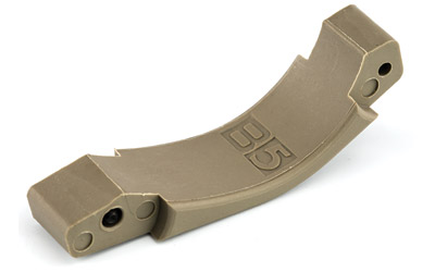 Tan curved polymer firearm accessory labeled B5