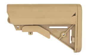 Tan adjustable rifle buttstock on white background