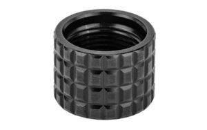 Black threaded cylindrical cap with textured grip exterior