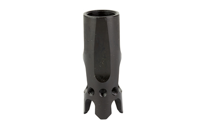Black metal muzzle device on white background