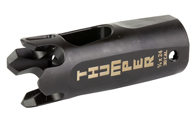 Black metal muzzle device with engraved text