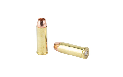 Two brass handgun cartridges on white background