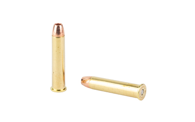 Two brass handgun cartridges on white background