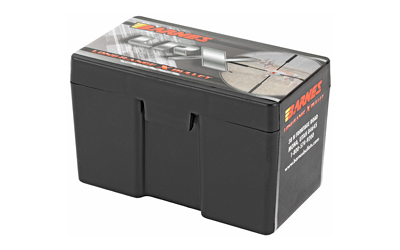 Black automotive car battery on white background