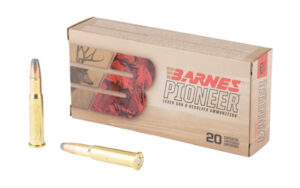 Barnes Pioneer rifle ammunition box and cartridges