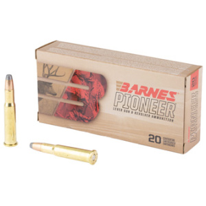 Barnes Pioneer rifle ammunition box and cartridges