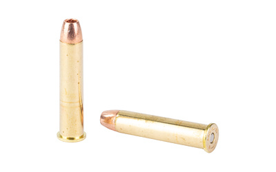 Two brass handgun cartridges on white background