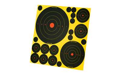 Yellow and black shooting target sheet with circles.