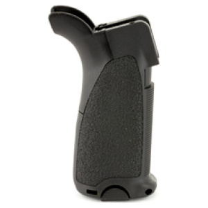 Black ergonomic rifle grip, isolated on white background.