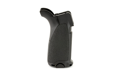 Black ergonomic rifle grip, isolated on white background.