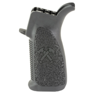Black textured rifle grip with embossed emblem