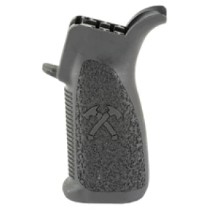 Black textured rifle grip with embossed emblem