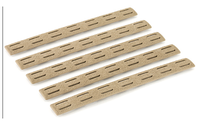 Five beige slotted composite mounting strips