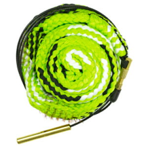 Coiled vibrant green braided horse whip with metal handle.