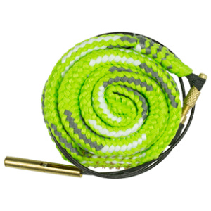 Coiled green gun cleaning rope on white background.
