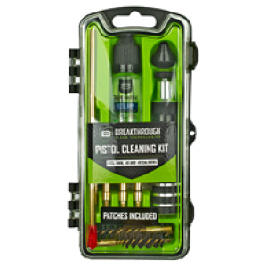 Pistol cleaning kit with brushes and patches.
