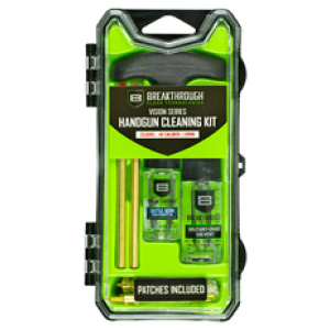 Handgun cleaning kit with patches included in package.