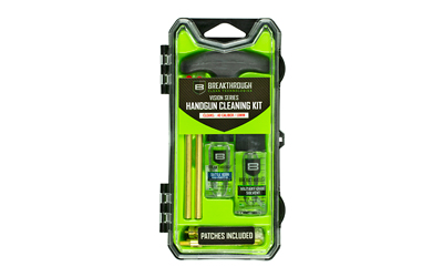 Handgun cleaning kit with patches included in package.