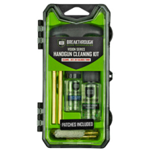 Handgun cleaning kit with patches and tools.